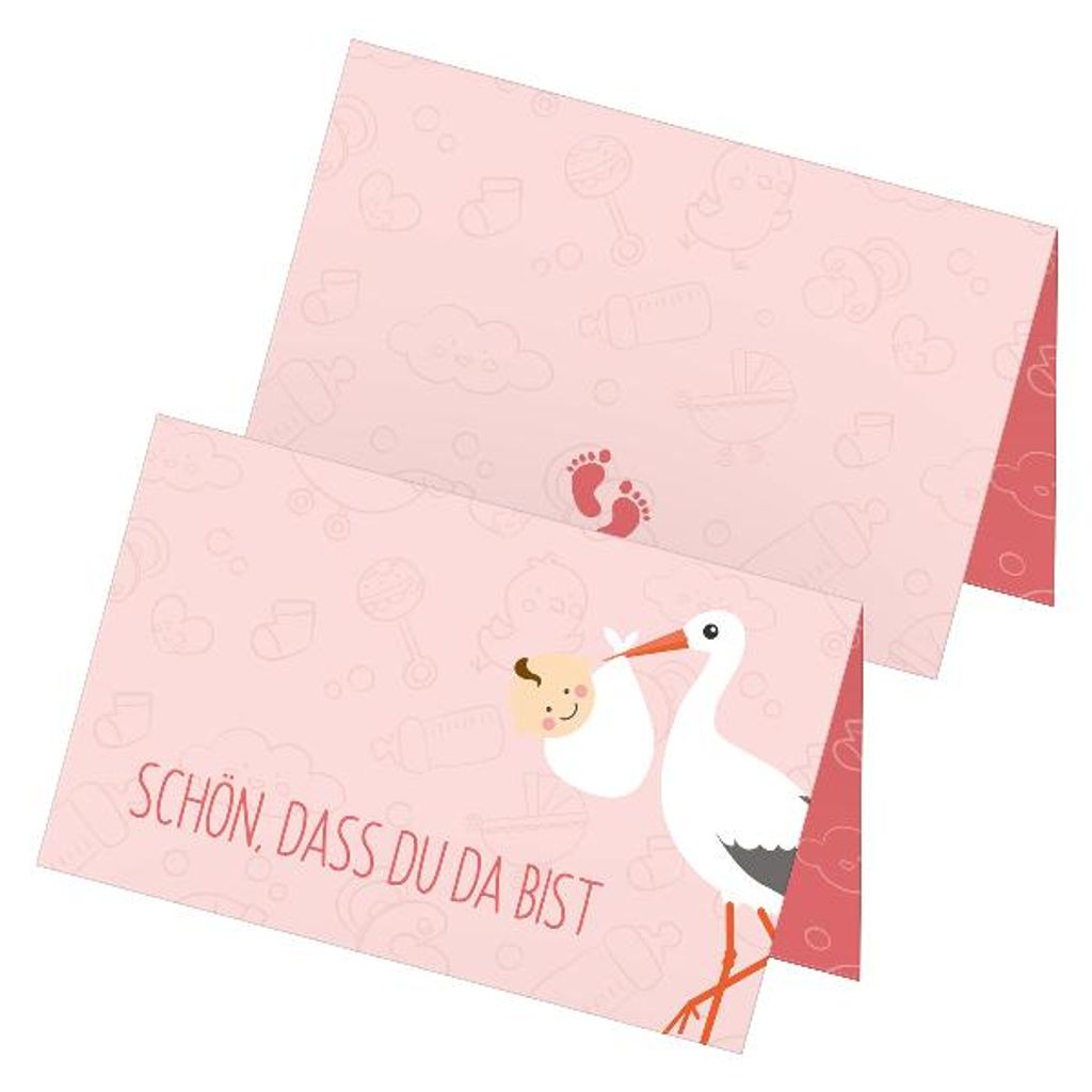 itenga 24x Tischkarten "Storch mit Baby / Schön dass du da bist" rosa pastell