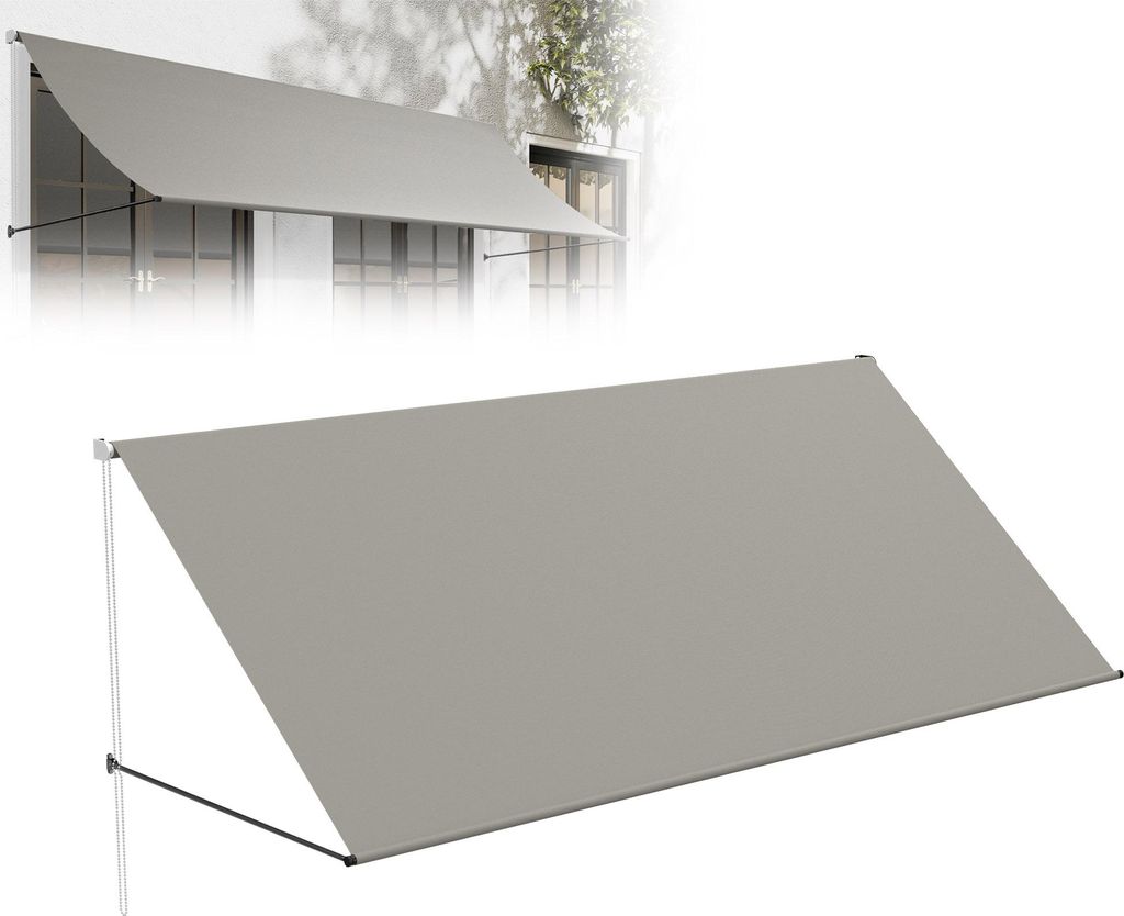 A gray awning is shown mounted on a wall above windows, with a second, closer view of the awning in the foreground.