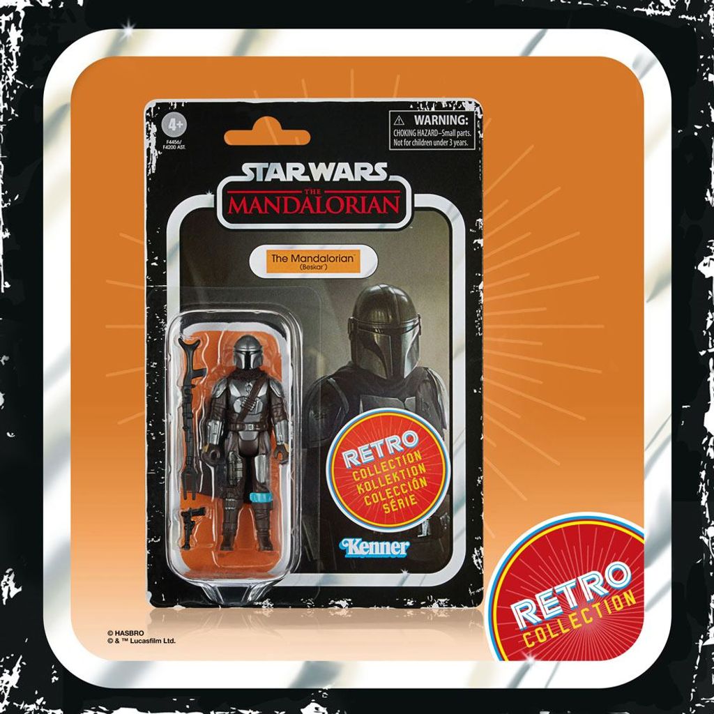 A Star Wars The Mandalorian Retro Collection action figure in its original packaging.