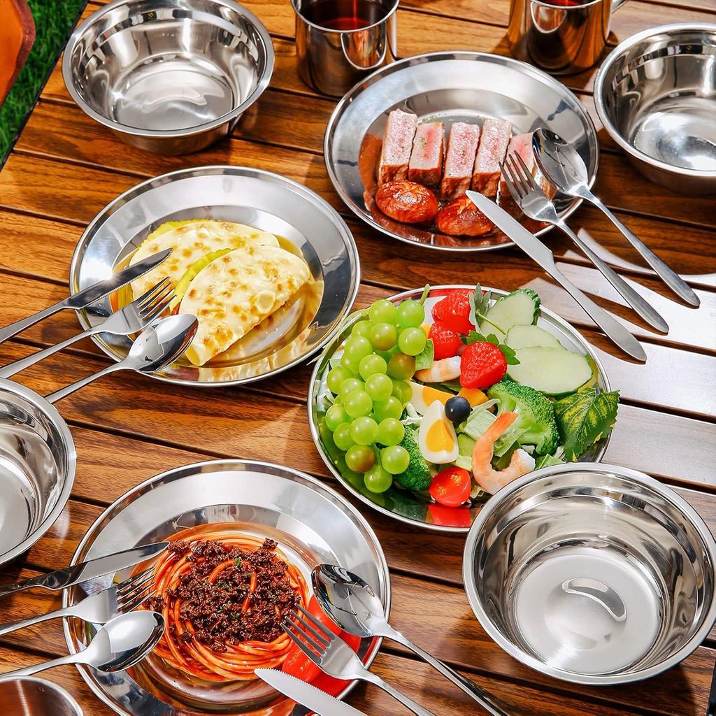 Besteckset aus Edelstahl für 1 Person - Picknickset mit Teller, Schüssel, Gabel, Löffel, Messer - Camping Reise Geschirrset
