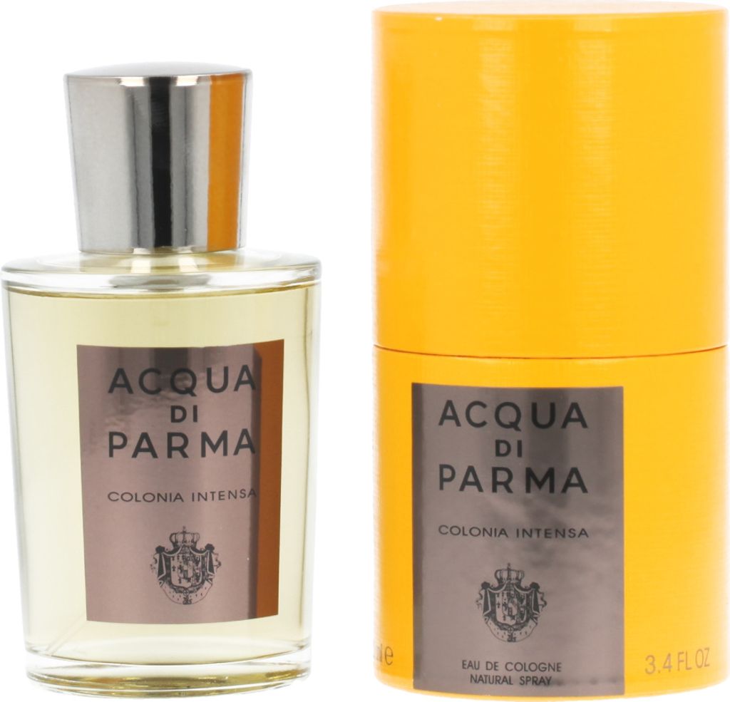 A bottle of Acqua di Parma Colonia Intensa Eau de Cologne and its cylindrical packaging are shown side-by-side against a white background.