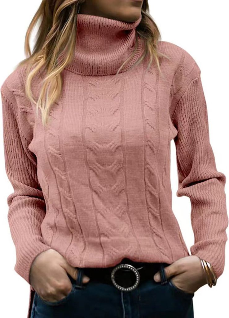 ASKSA Damen Elegant Rollkragen Pullover Casual Strickpullover Jumper Langarm Pulli Sweatshirt Oberteile, Rosa, L