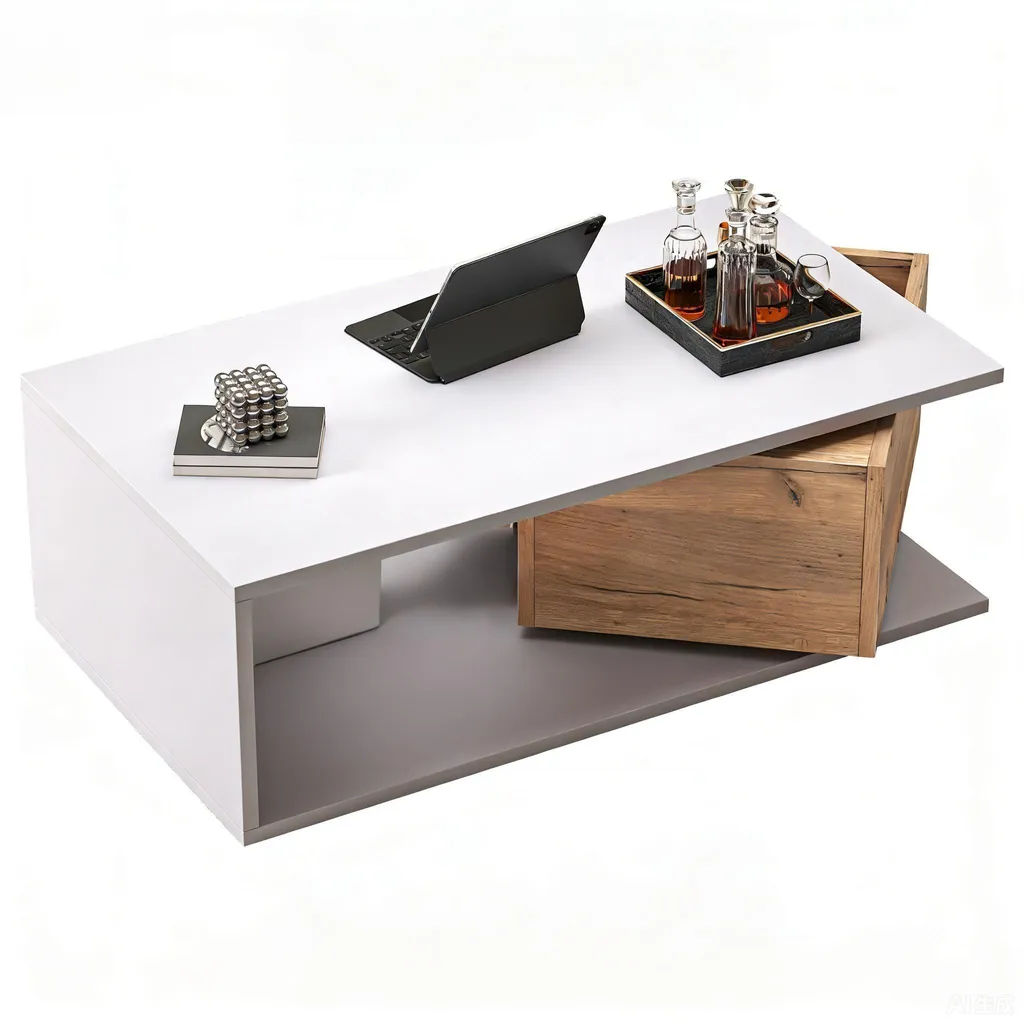 Fortuna Lai 90*50*30 cm Tavolino da caffè, cassetto girevole a 360°, tavolino con 1 cassetto, tavolino da salotto lucido con vano portaoggetti aperto, tavolino da divano, tavolino ausiliario, bianco + colore legno - 2