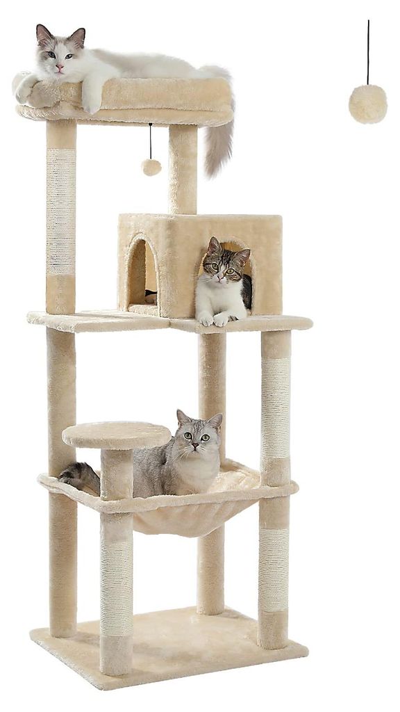 Katzenbaum mit weicher Metallhängematte, Katzenhaus für ausgewachsene Katzen mit zwei Türen, 6 Ablagen mit Kratzbäumen und einer großen Liegef...