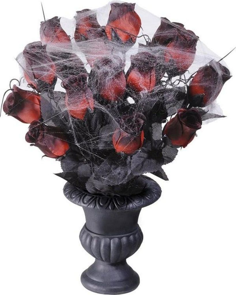 Rote Rosen mit Spinnweben in Vase Halloween-Deko rot-schwarz-grau 35cm -