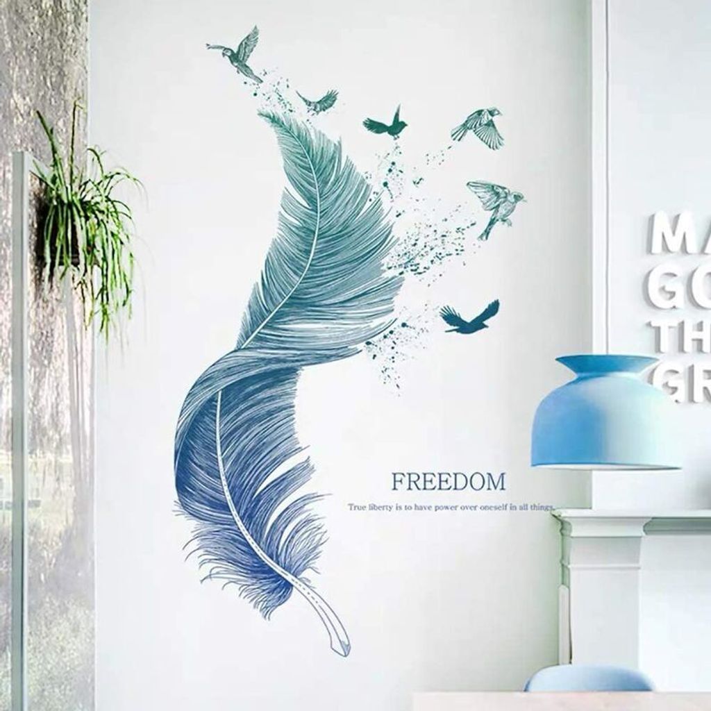 FEDER in blau dekorativer Wandaufkleber Vögel Modernes Poster Deko für Wohnzimmer Schlafzimmer Küche Flur Möbel Badezimmer Fliesen Erwachsene T...