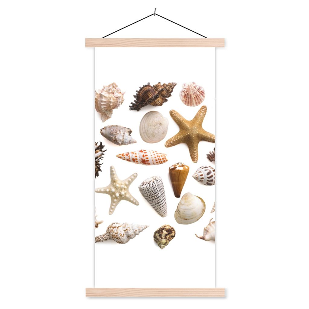 MuchoWow Textilposter Muschel - Seestern - Weiß 40x80 cm mit holzfarbenen Rahmen - Wohnzimmer