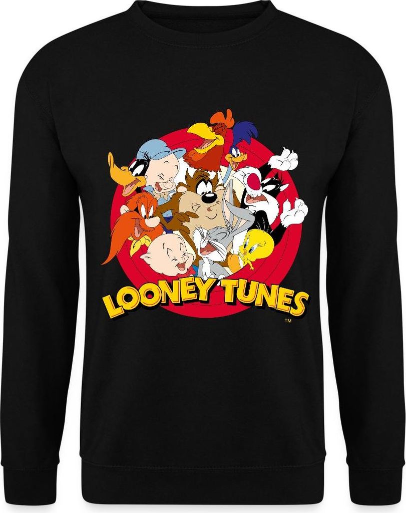 Spreadshirt Looney Tunes Bugs Bunny Logo Gruppenbild Uni Pullover, S, Schwarz