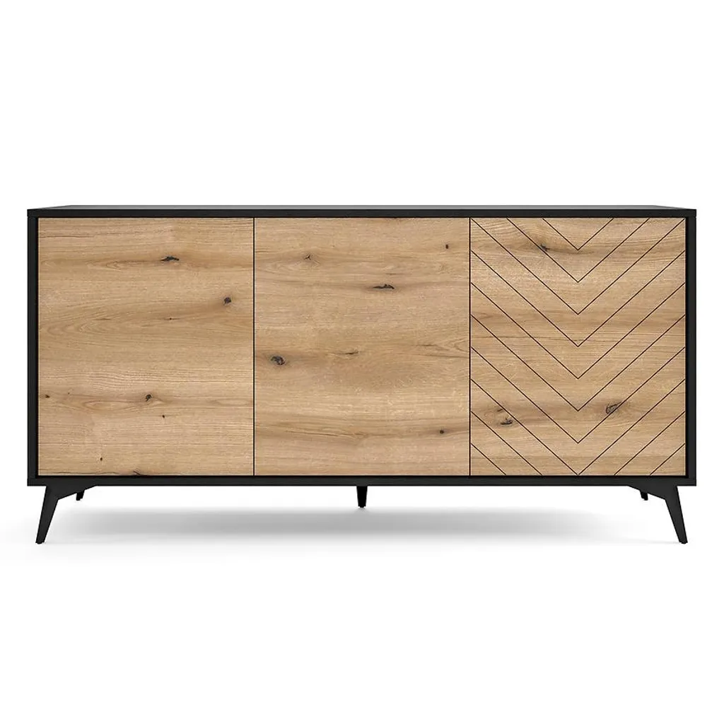 Commode NAMIRO noire et bois 3 portes avec grands volumes - 2
