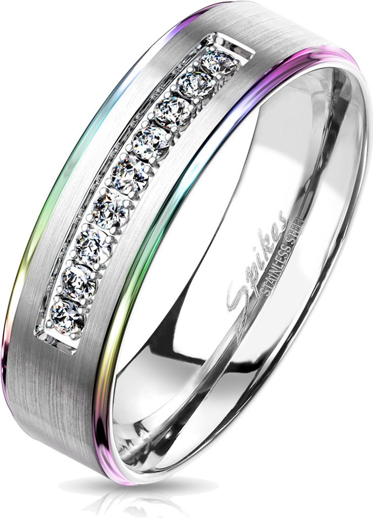 viva-adorno Gr. 67 (21,3 mm Ø) Damen & Herren Edelstahl Ring Partnerring Verlobungsring matt gebürstete Mitte Kristall Leiste RS57c,Rand regenbogen,