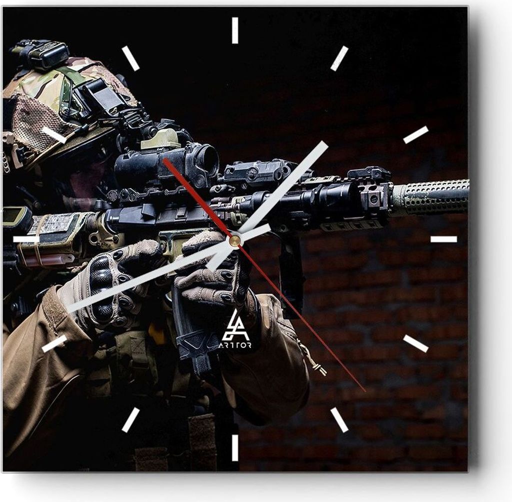 Wanduhr - Quadrat - Glasuhr - Soldat Gewehr - 30x30cm - Schleichendes Uhrwerk - Lautlos - zum Aufhängen bereit - Dekoration Modern - Wanddekoratio...