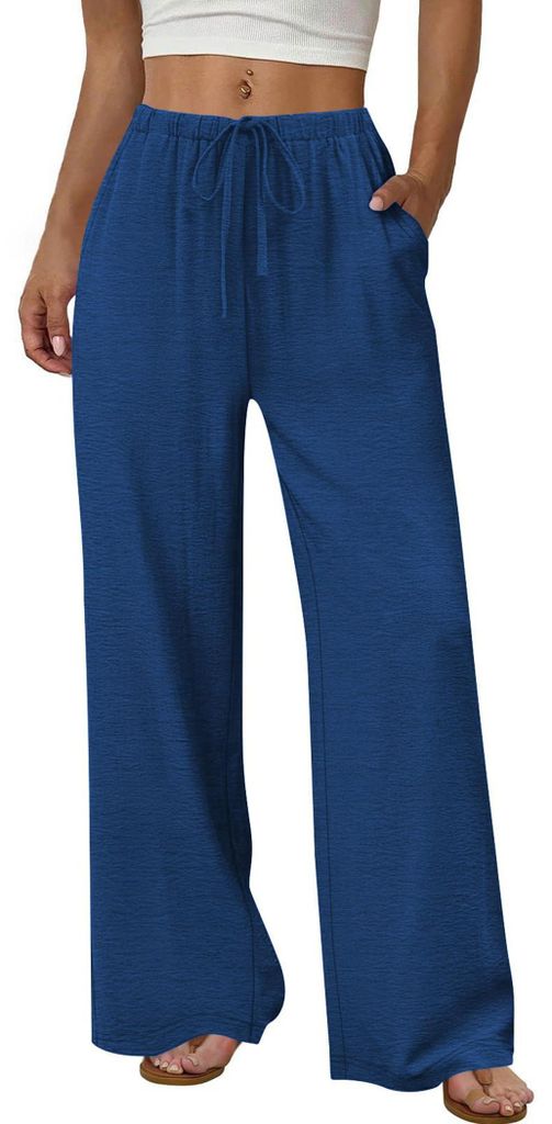 ASKSA Damen Hosen Sommer Weite Hohe Taille Bein Baggy Einfarbig Elegante Lose Flowy Leicht Sommerhose mit Taschen (Dunkelblau,M)