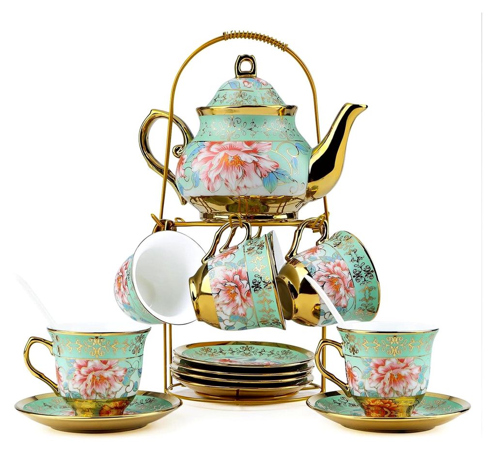 20-teiliges Teeservice aus Porzellan, Kaffeeservice mit Metallhalter, 700 ml Teekanne, Keramik Teeset, Blumendesign mit goldenem Rand, 6x 160 ml Ta...
