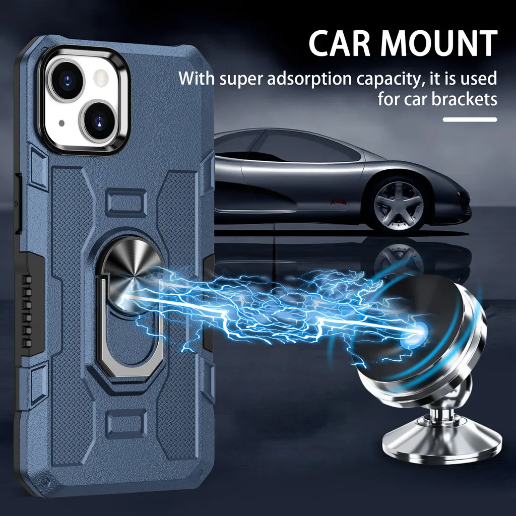 Cover iPhone 14 Plus Blu Doppio Strato - Supporto Anello e Auto - 3