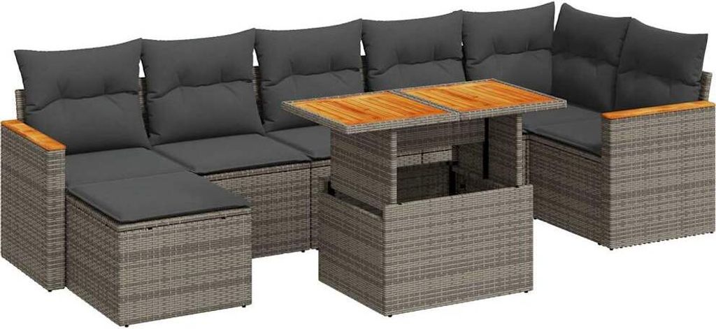 8-tlg. Garten-Sofagarnitur mit Kissen Grau Poly Rattan Akazie