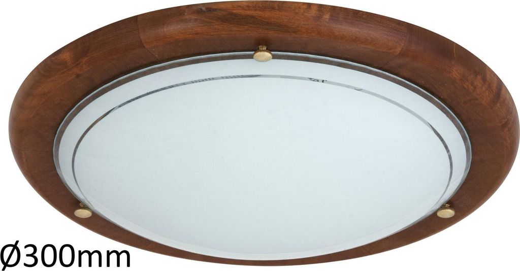 A close-up, straight-on view of a round ceiling light with a wooden frame and a frosted glass diffuser.
