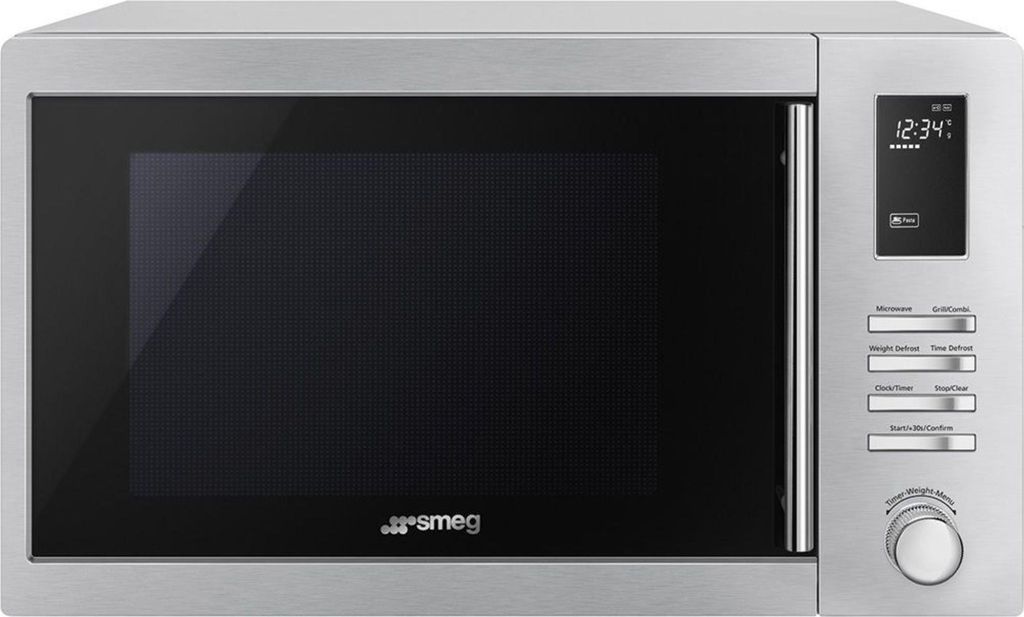A front-facing studio shot of a Smeg microwave oven.