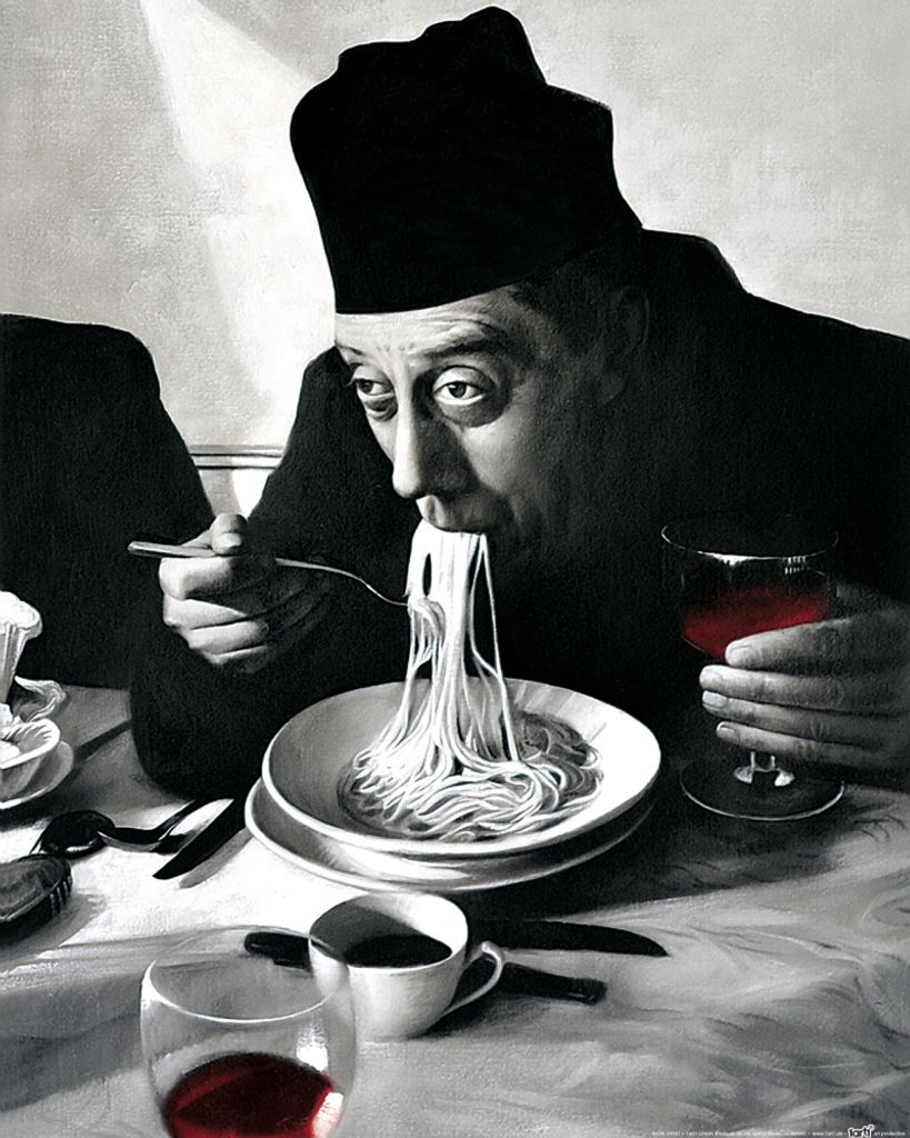 Kochkunst Kunstdruck Bild - Spaghetti, Rotwein, Don Camillo Produktbild 