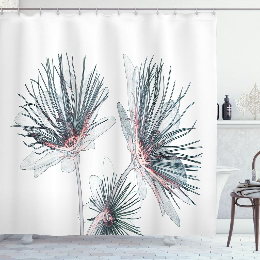 ABAKUHAUS Blumen Duschvorhang, Xtray Effekt Illustrated Passionsblume Blumenkunstdruck, 175 x 200 cm, Blassblau Grau Dunkelblau