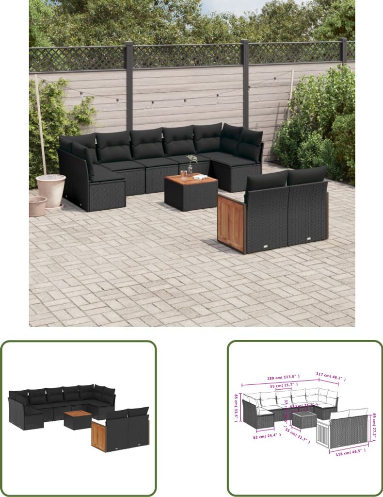 The Living Store 10-tlg. Garten-Sofagarnitur mit Kissen Schwarz Poly Rattan