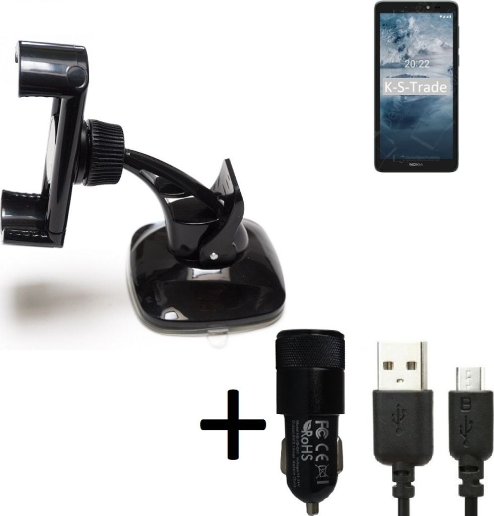 K-S-Trade Halterung kompatibel mit Nokia C2 2nd Edition Windschutzscheibe / Armaturenbrett + LADEGERÄT mit Mico USB Kabel Autohalterung KFZ Halter