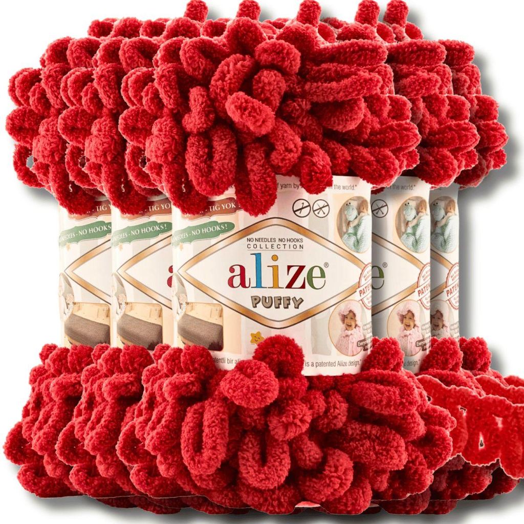 Alize 5x 100g Puffy Wolle, Uni, Häkeln, Stricken (Dark Red - 106)