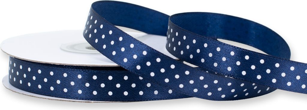 Einseitig glänzendes, weiß gepunktetes blaues Satinband auf Rolle. Perfekt für Bastelprojekte und Geschenkverpackungen