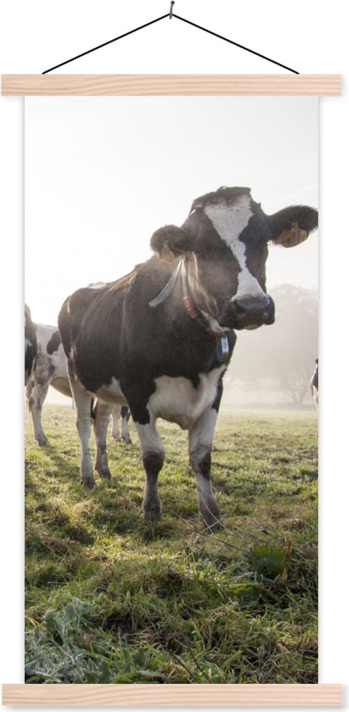 MuchoWow Textilposter Kuh - Gras - Nebel 60x120 cm mit holzfarbenen Rahmen - Holz