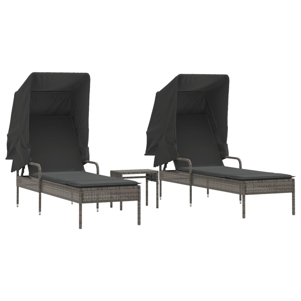 (Robust Möbel)Liegestuhl/Relaxliege - Sonnenliegen 2er set - elegantes Design - für Outdoor Garten - mit Dach und Tisch Grau Poly Rattan - 62...