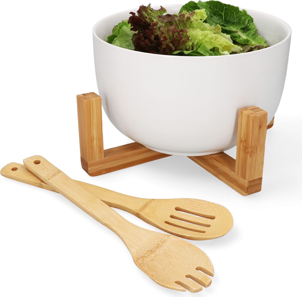 4-tlg Salat-Schüssel Set groß 3,5L Servier-Schale + Bambus-Besteck + Ständer