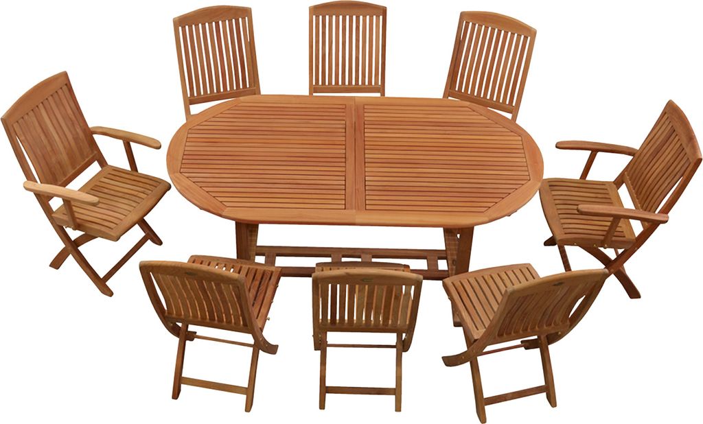 Teakholz Sitzgruppe aus 8 Klappstühlen und 1 ovalen Ausziehtisch edles Teak Gartenmöbel Set mit Auszugstisch