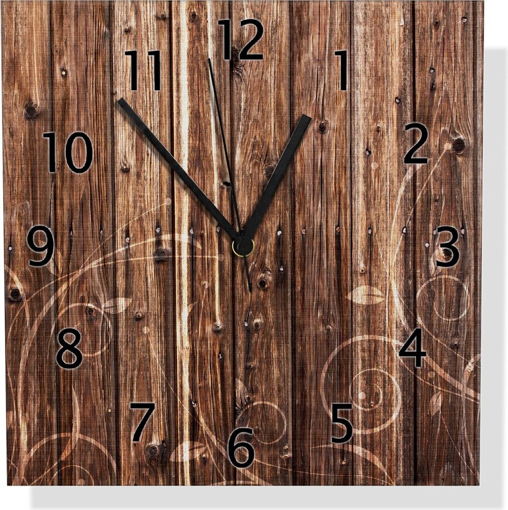 Wallario Design Wanduhr Holz in dunkelbraun mit Blumenmuster - Schnörkel aus Aluverbund, Größe 30 x 30 cm
