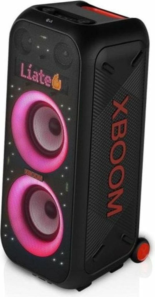 A black LG XBOOM XL9T Bluetooth speaker with pink illuminated woofers and red accents, shown against a white background.