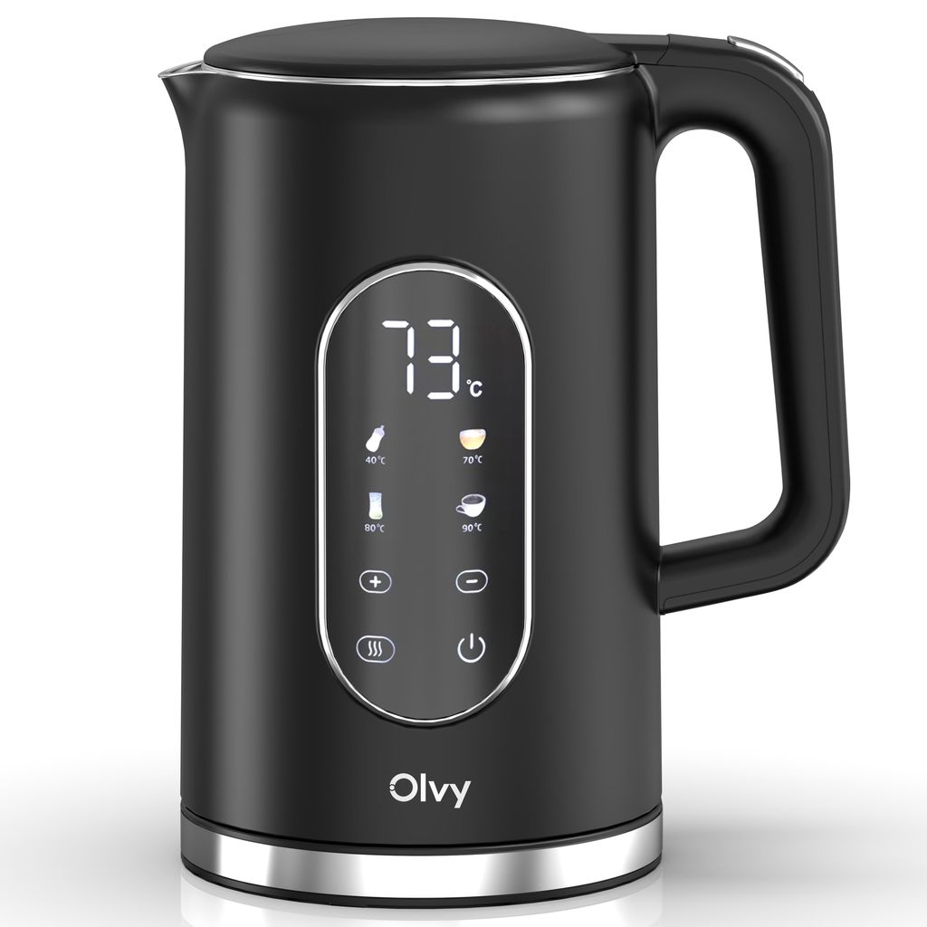 Olvy Wasserkocher mit Temperatureinstellung 1,7L – LCD-Display, 2200W, BPA-frei, Warmhaltefunktion, Kalkfilter, Temperaturwahl 40–100°, Edelstahl