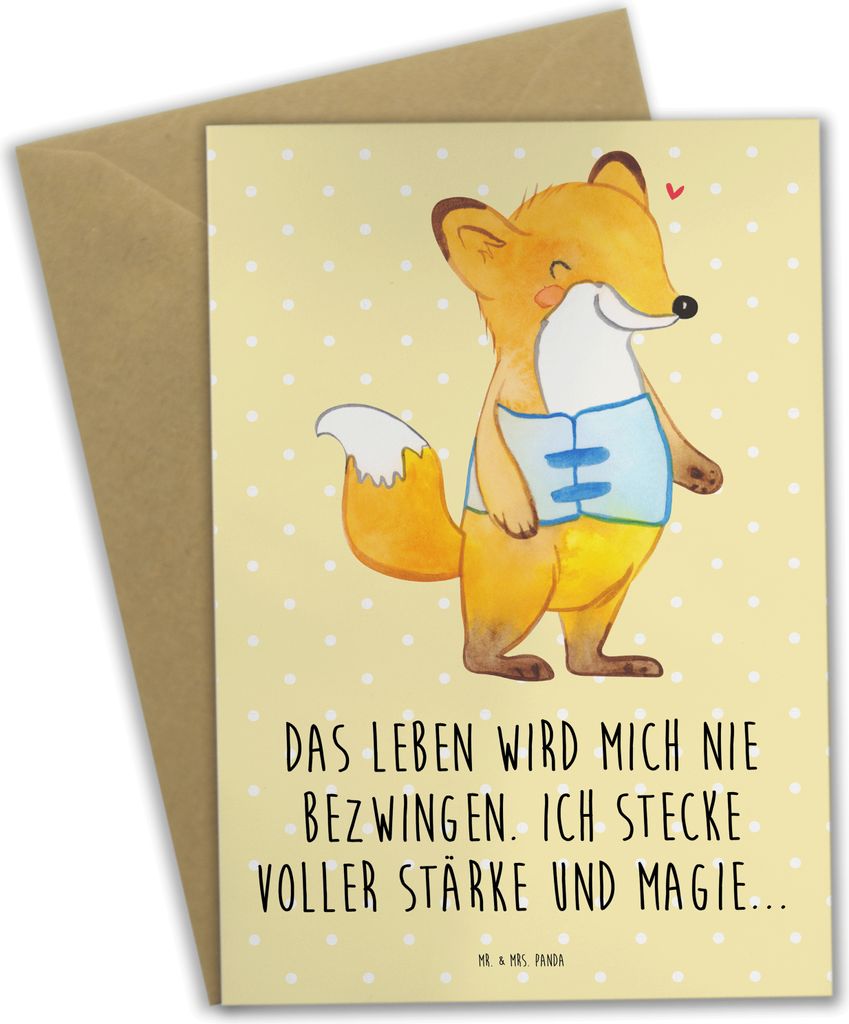 Mr. & Mrs. Panda Klappkarte Fuchs Orthopädisches Korsett - Gelb Pastell - Geschenk, osterkarten, hochzeitskarten, weihnachtskarten, dankeskarten, ...