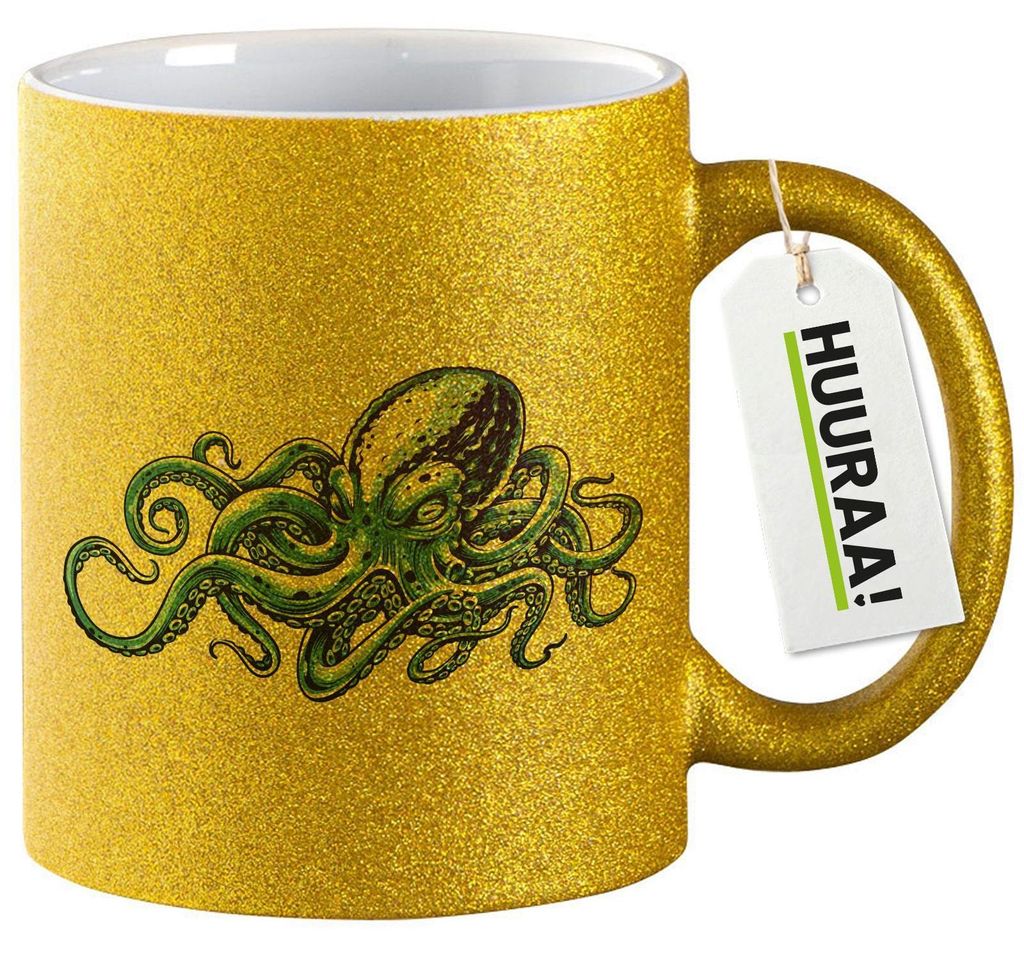 Huuraa Glitzertasse Kraken Fabelwesen 330ml Gold Keramik Kaffeebecher Geschenkidee