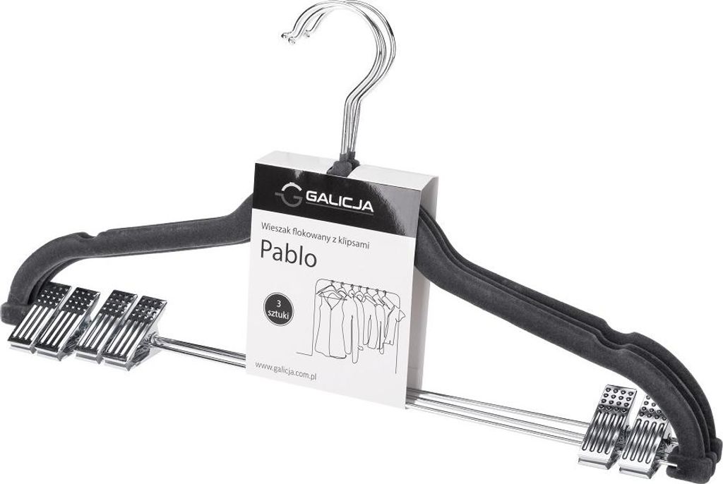 Beflockter Kleiderbügel mit Clips PABLO, 3-teilig, dunkelgrau, für Kleidung, Hosen, Röcke, Metall-Querstange