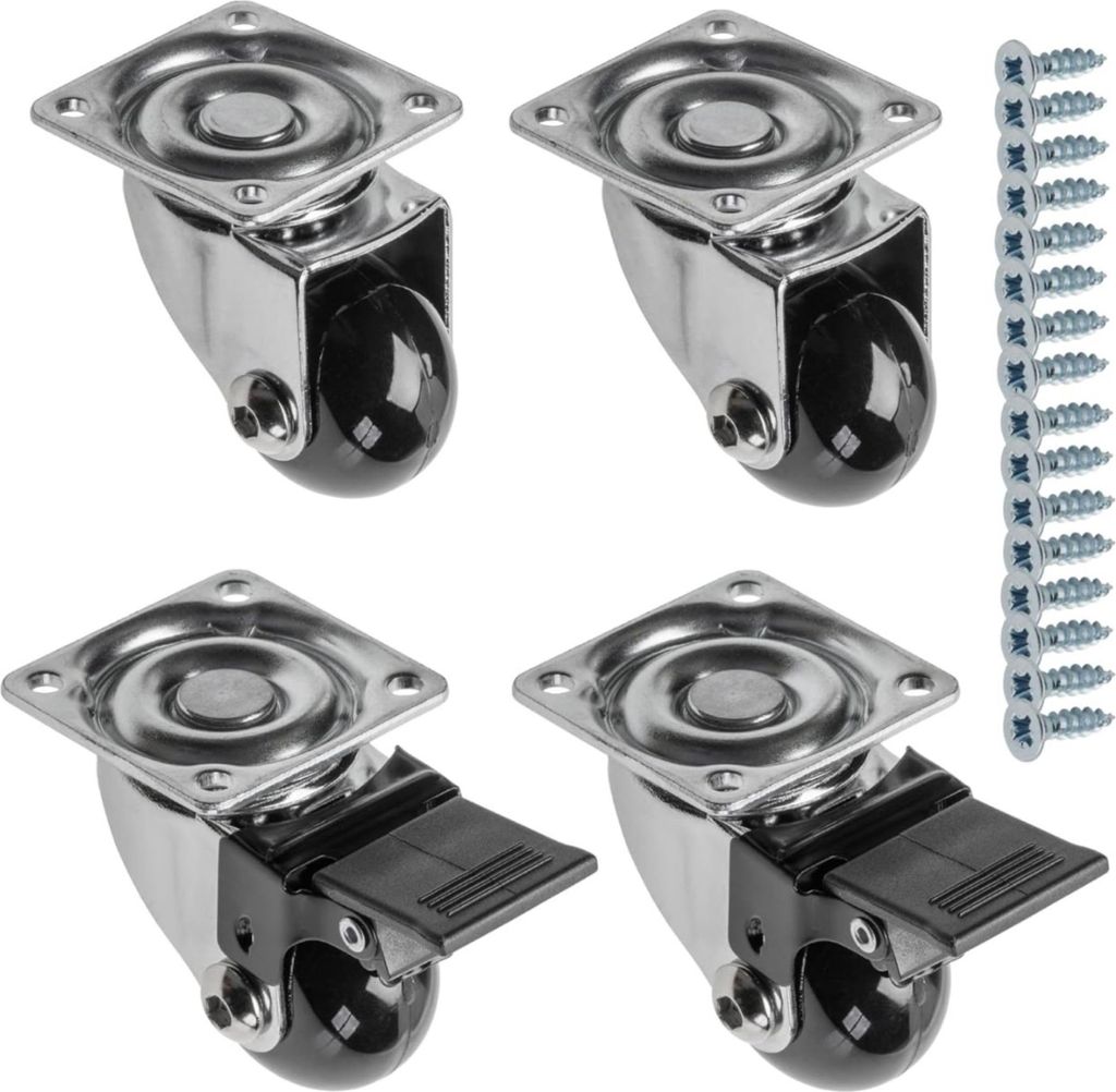 GTV - Möbelrollen BRAZIL, Lenkrollen, 4 Stück set Rollen für Möbel: 2x Rollen mit Bremse, 2x ohne Bremse, aus Stahl und Gummi, +16 konische Sch...