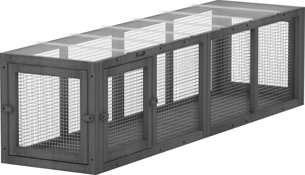 Katzentunnel Katzenspielzeug aus Holz mit 3 Türen, erweiterbar Spieltunnel für Katzen bis 10 kg, 151,5 x 38,5 cm Grau