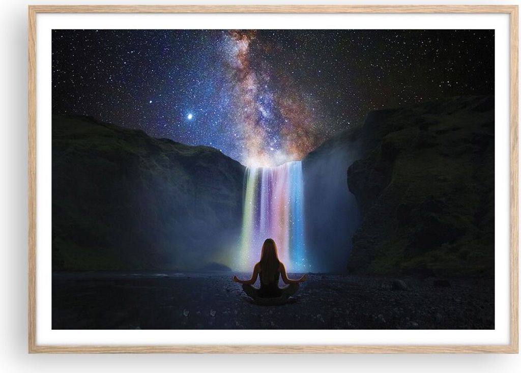 Gerahmtes Poster - Rahmen in heller Eiche - Wasserfall die Sterne Meditation - 100x70 cm - Wand Bild - Wanddeko - Wandbilder - Kunstposter - Wandpo...