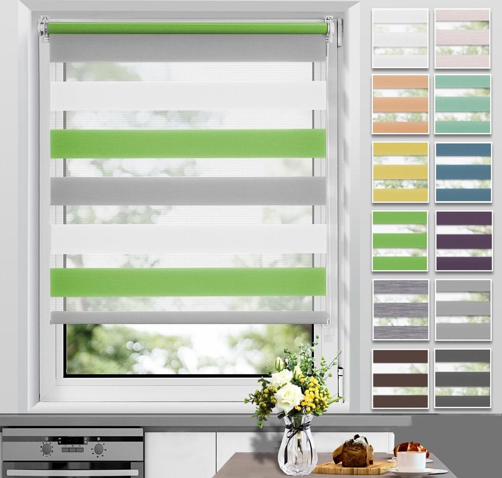 Allesin Doppelrollo Klemmfix ohne Bohren & mit Bohren Rollos für Fenster und Tür Grün-grau-weiß 80x150 cm Duo Rollo Klemmrollo Sichtschutz