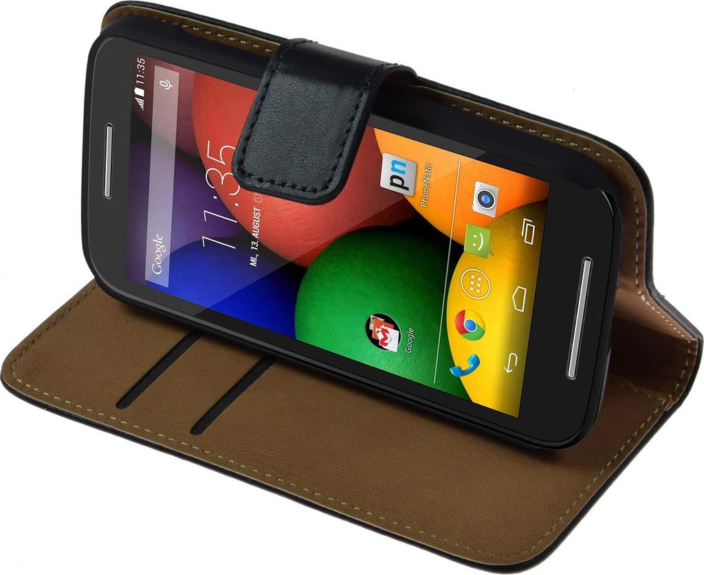 PhoneNatic Kunst-Lederhülle kompatibel mit Motorola Moto E - Wallet schwarz + 2 Schutzfolien