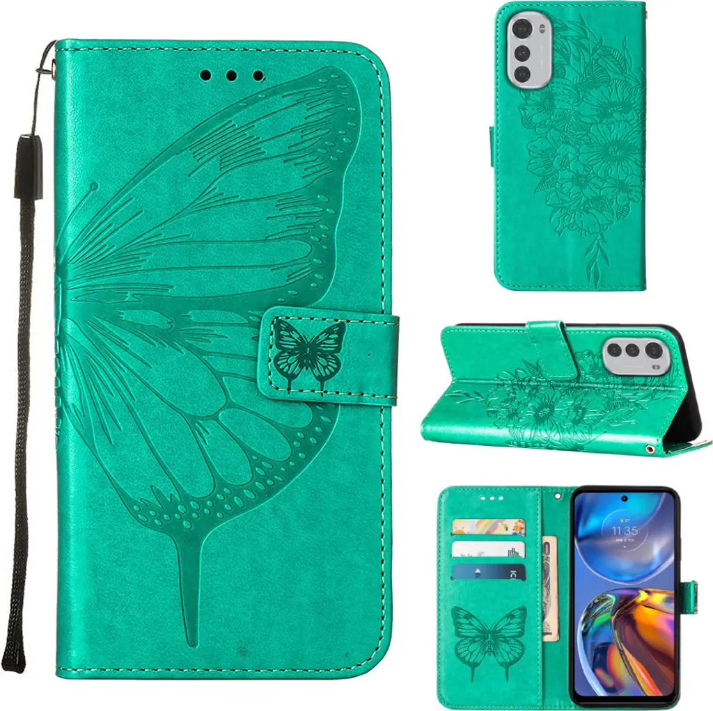 Moto E32 Case, Butterfly Relief Flip Custodia in pelle con slot per schede e stand per Motorola Moto E32 verde