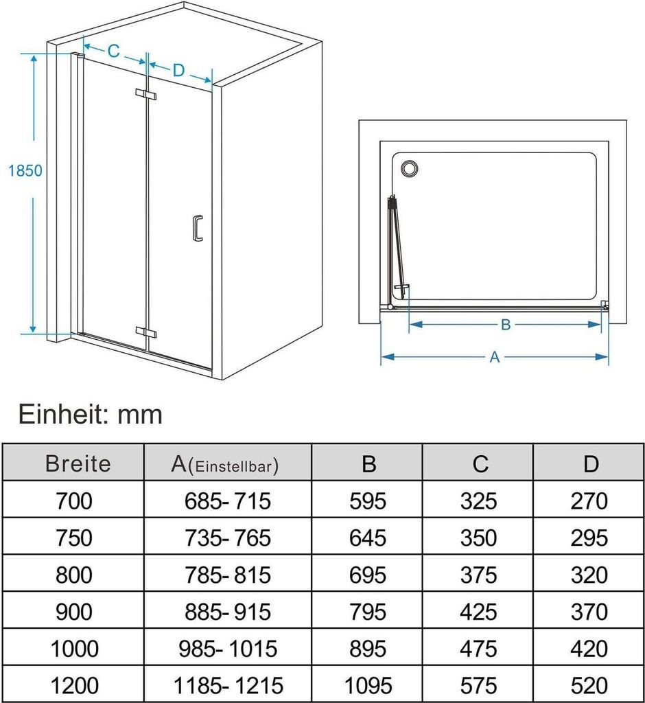 MIQU Duschabtrennung 70x185 cm Nischentür Duschwand Dusche Produktbild 5