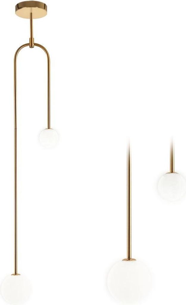 A product shot of a modern gold pendant light fixture with white glass globes against a white background.