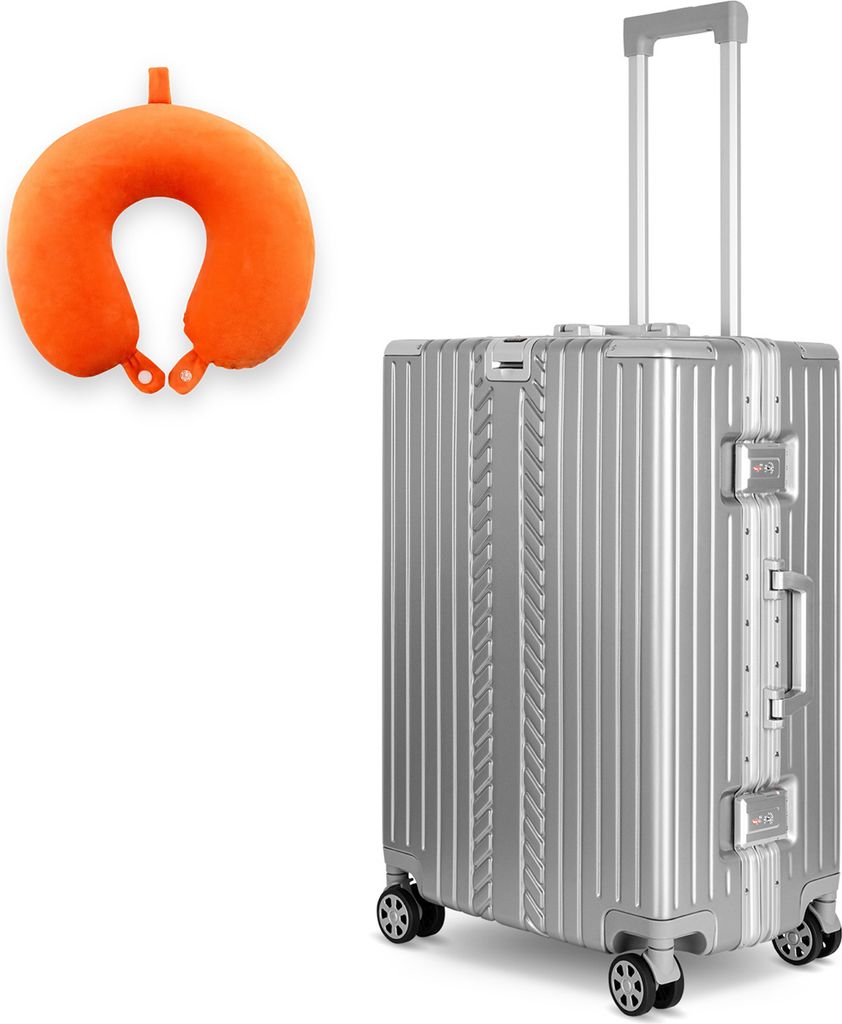 WINLIFE 53cm Kabinentrolley M mit orangefarbenem Nackenkissen – Reisekoffer, Alu-Rahmen, ABS, TSA-Schloss, leicht & robust, Handgepäck, Silber