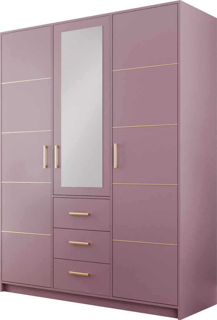 Albello Dreitürige Kleiderschrank mit Spiegel Blame Schlafzimmerschrank Kleiderschrank für Mädchen Pflaumenfarbe 147x57,5x200 cm