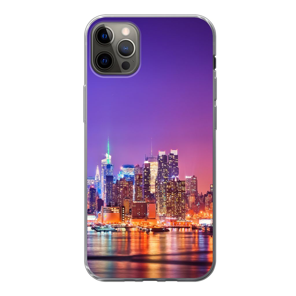 MuchoWow Handyhülle Schutzhülle Hülle für iPhone 13 Pro Max New York - Skyline - Lila Silikon Softcase Handy Hülle - Mobiltelefon