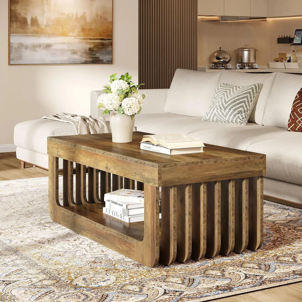 Table basse bois MDF 2 niveaux brun rustique grand format 120x60 cm - 7