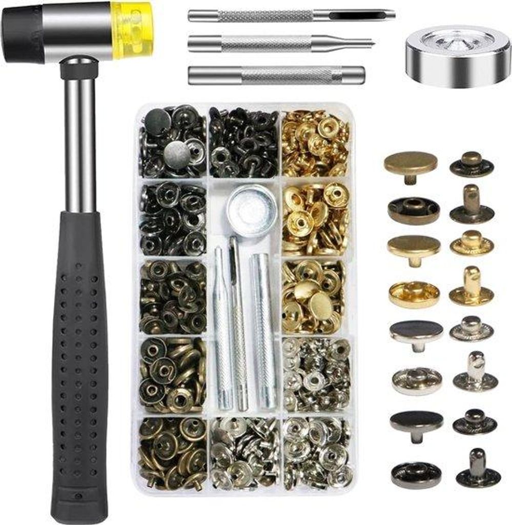 Metallische Druckknoppen-Kit mit Hammer und Installationswerkzeug, 4 Stück, für Leder, Jacken, Jeans, Taschen, DIY-Arbeiten, Schuhe, Riemen-Repar...